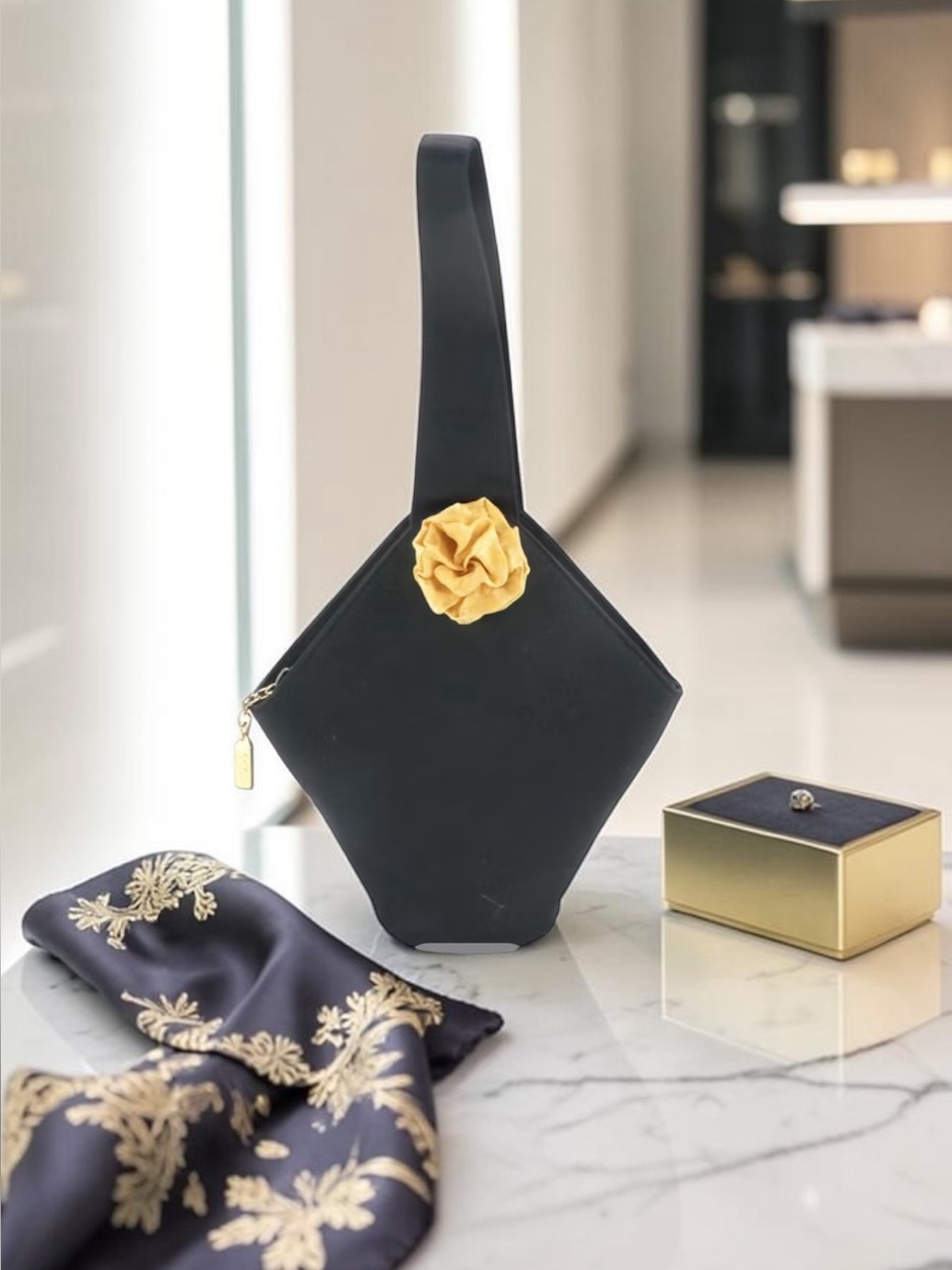 Rodo Italy Black Satin Evening Bag Gold Rose Floral Wristlet Clutch Purse